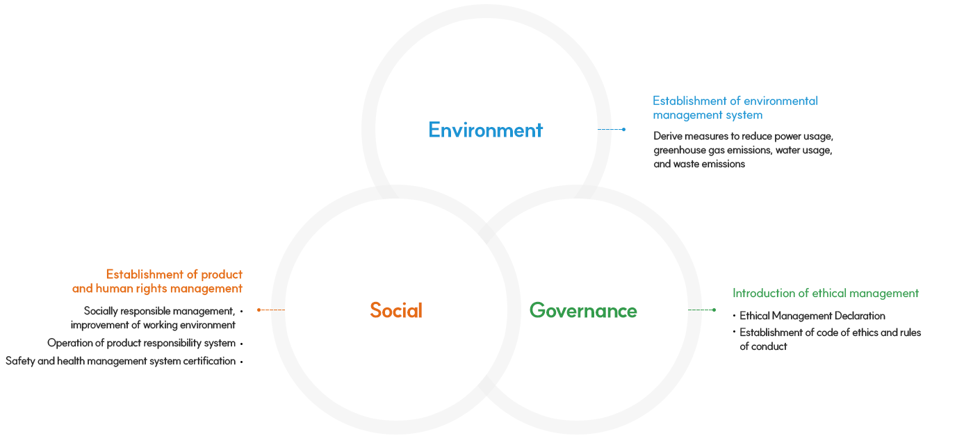 Environment: Establishment of an environmental management system (drafting measures to reduce electricity use, greenhouse gas emissions, water use, and waste emissions), Social: Establishment of product and human rights management (social responsibility management, improvement of the working environment, operation of product responsibility systems, certification of safety and health management systems), and governance: Introduction of ethical management (establishment of ethical management declaration, code of ethics and code of conduct)